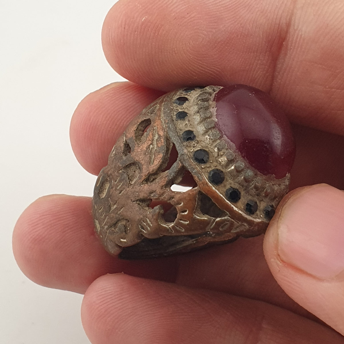 Ancient Brass Red CZ Ring  Rustic Collectible Jewellery