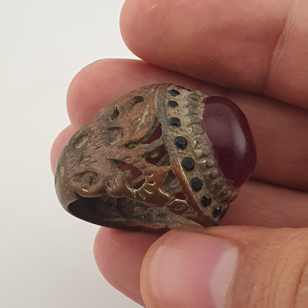 Ancient Brass Red CZ Ring  Rustic Collectible Jewellery