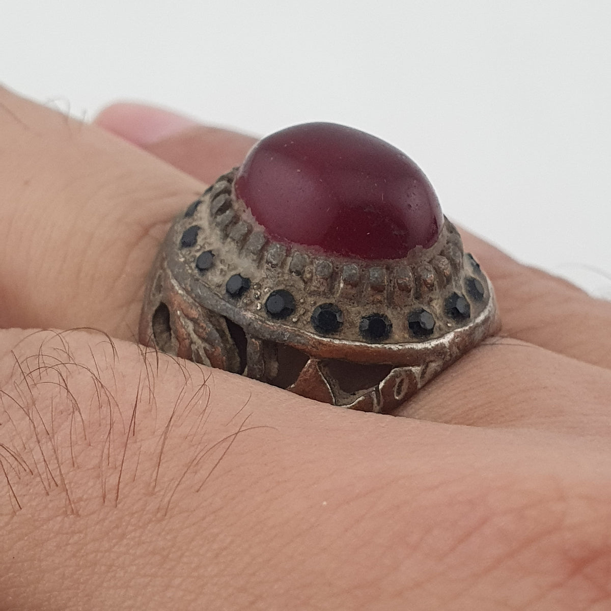 Ancient Brass Red CZ Ring  Rustic Collectible Jewellery
