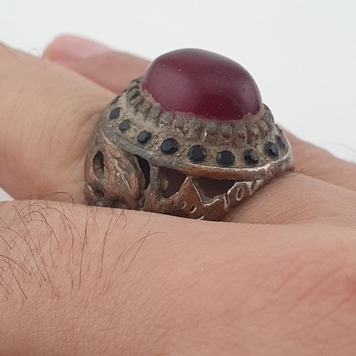 Ancient Brass Red CZ Ring  Rustic Collectible Jewellery
