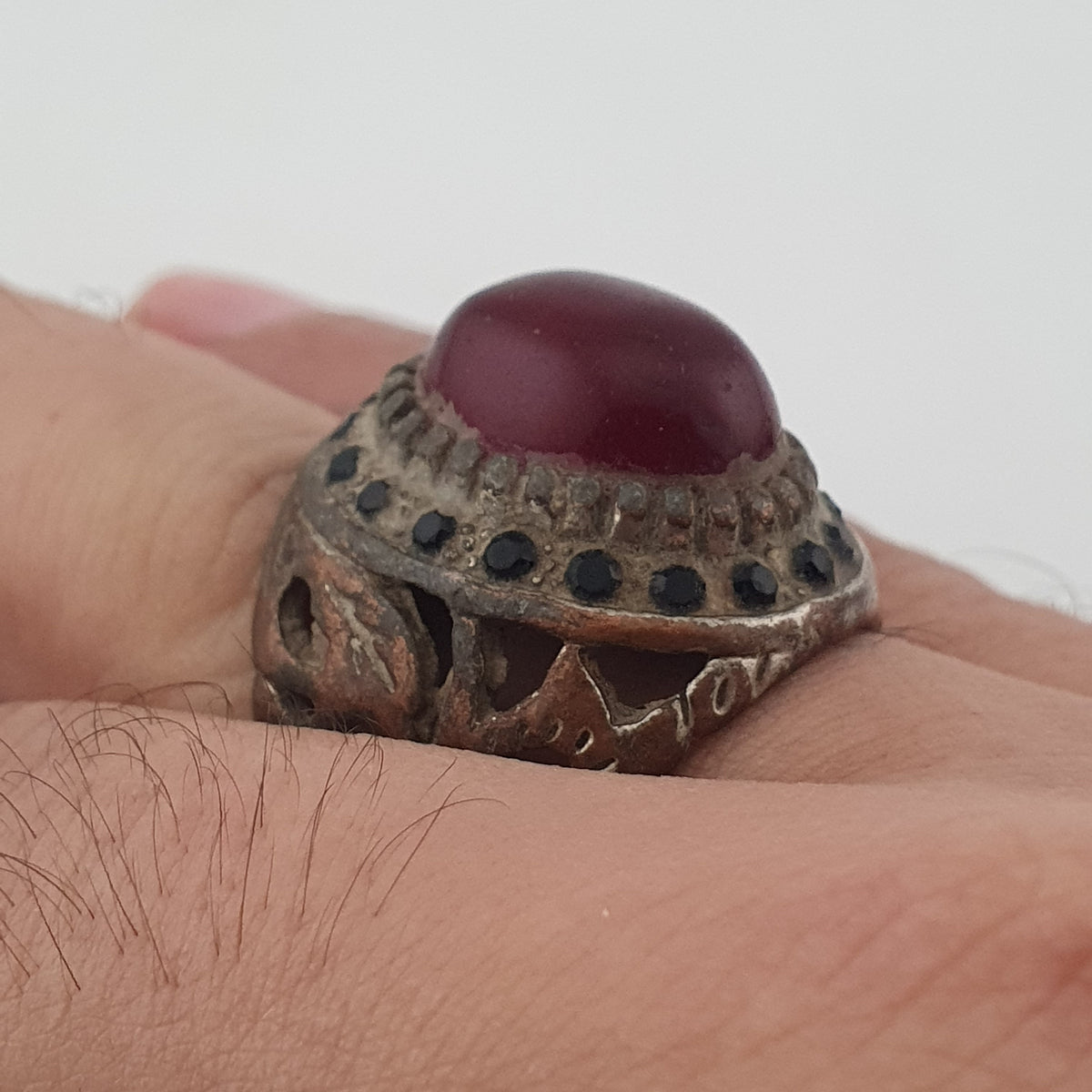 Ancient Brass Red CZ Ring  Rustic Collectible Jewellery