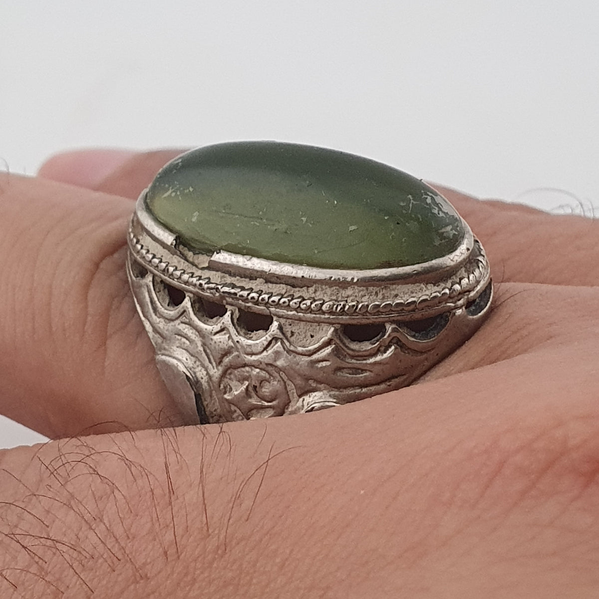 Ancient Handmade Brass With Antique Jade Ring