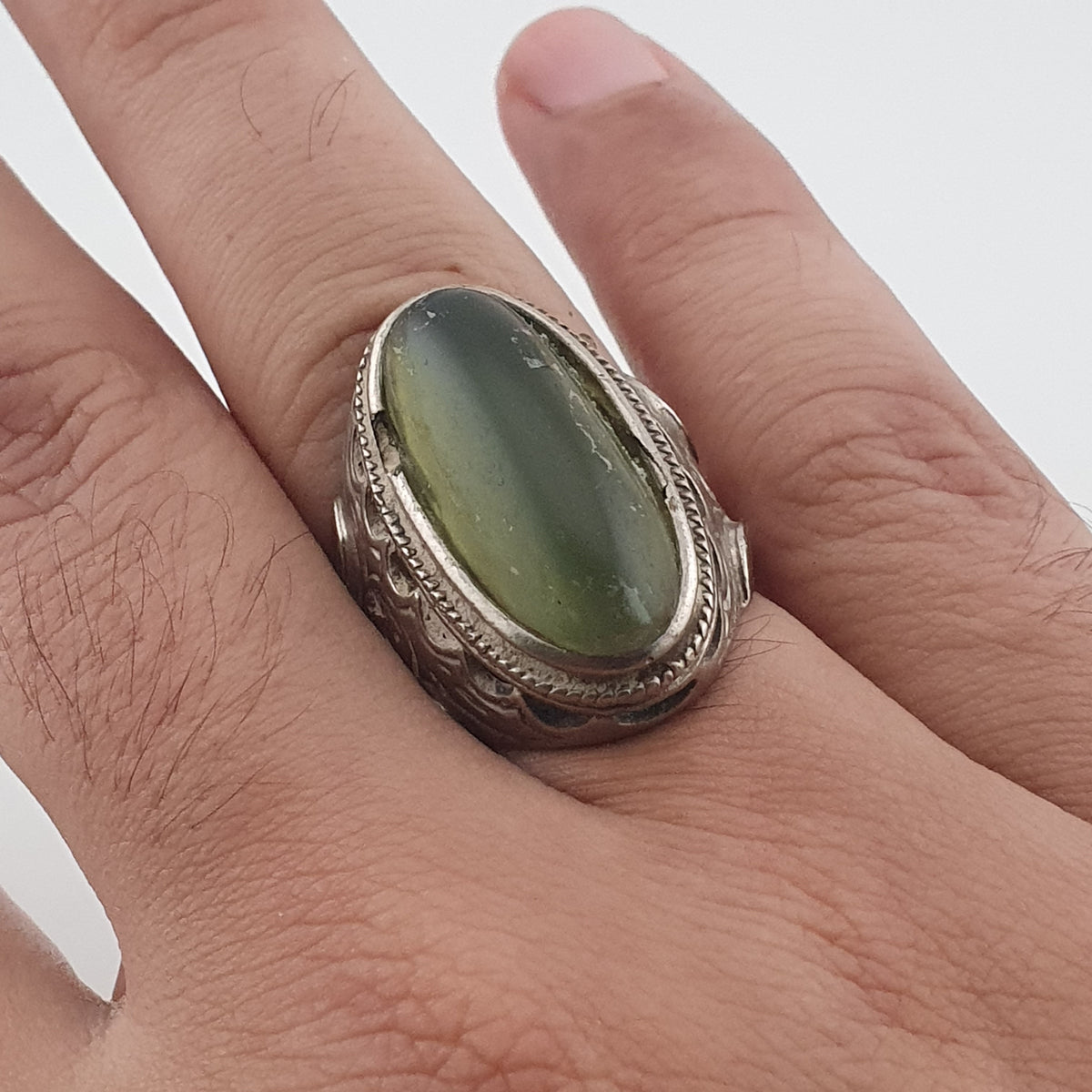 Ancient Handmade Brass With Antique Jade Ring