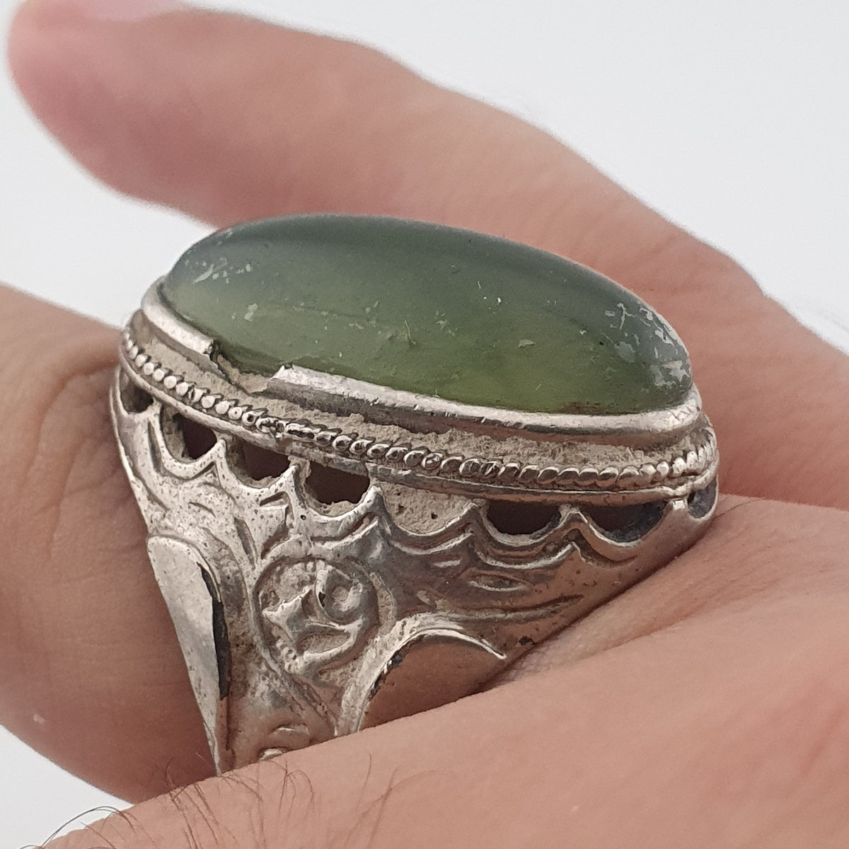 Ancient Handmade Brass With Antique Jade Ring