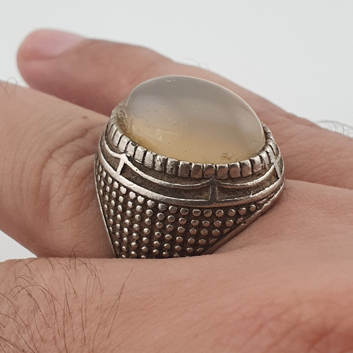 Old World Rustic Brass Ring with Natural Jade Stone