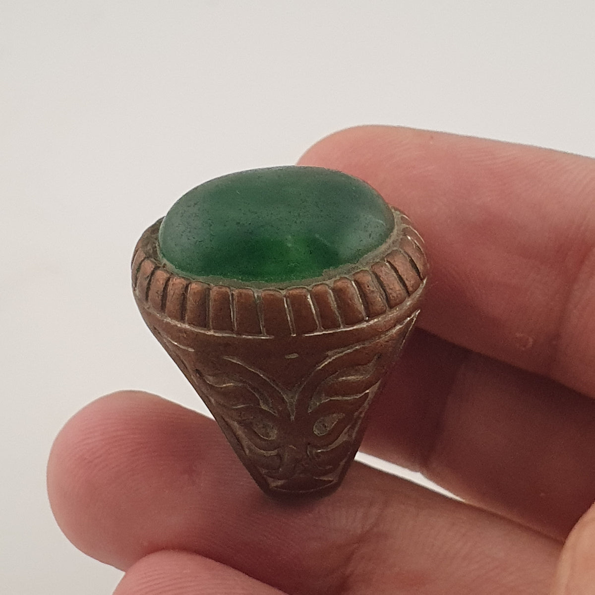 Ancient Rustic Brass Ring with Antique Jade Stone