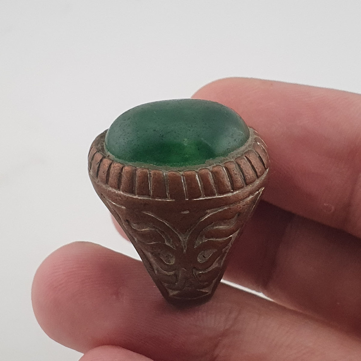 Ancient Rustic Brass Ring with Antique Jade Stone