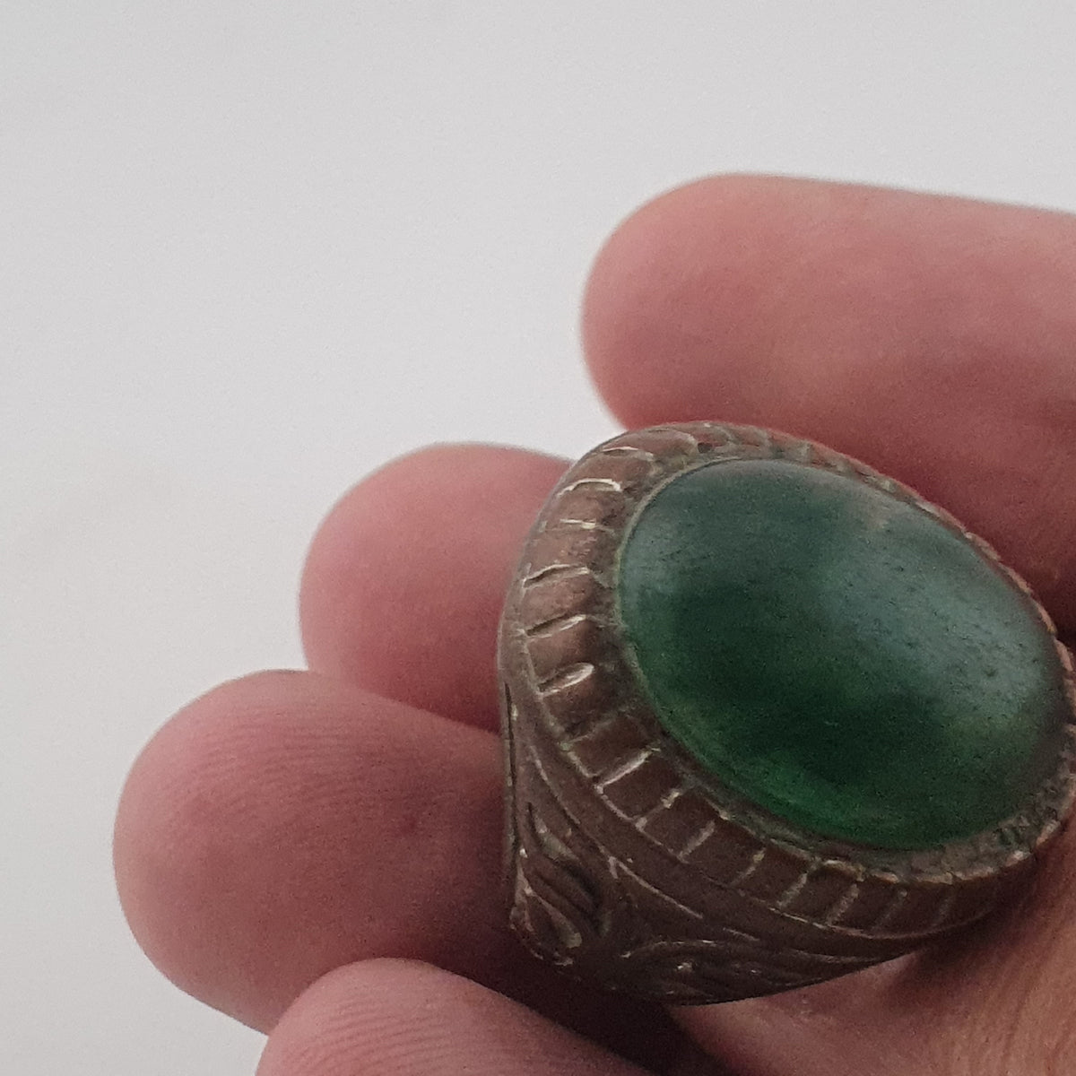 Ancient Rustic Brass Ring with Antique Jade Stone