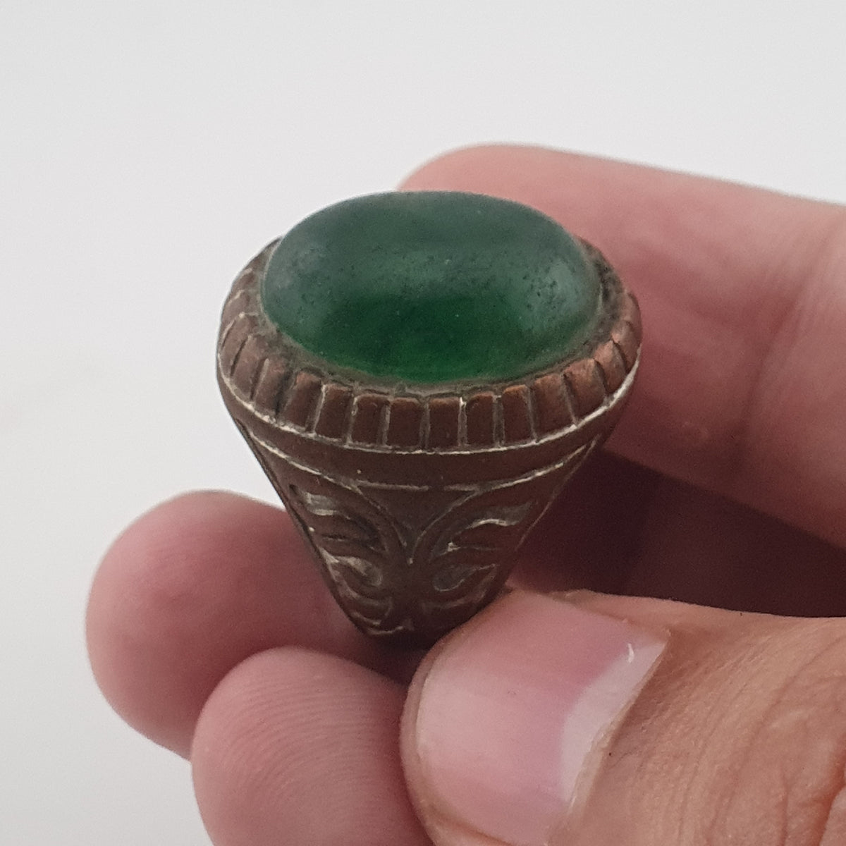 Ancient Rustic Brass Ring with Antique Jade Stone
