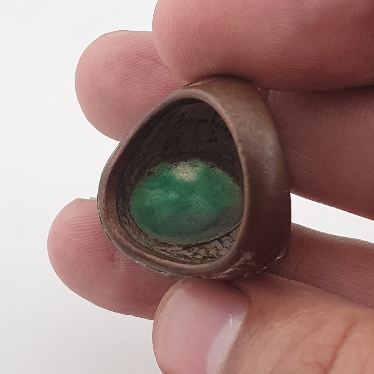 Ancient Rustic Brass Ring with Antique Jade Stone