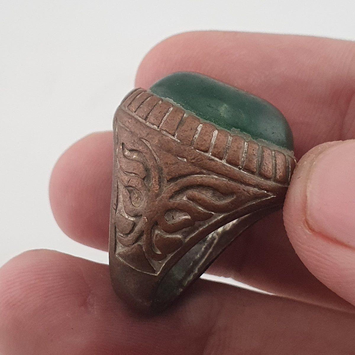 Ancient Rustic Brass Ring with Antique Jade Stone