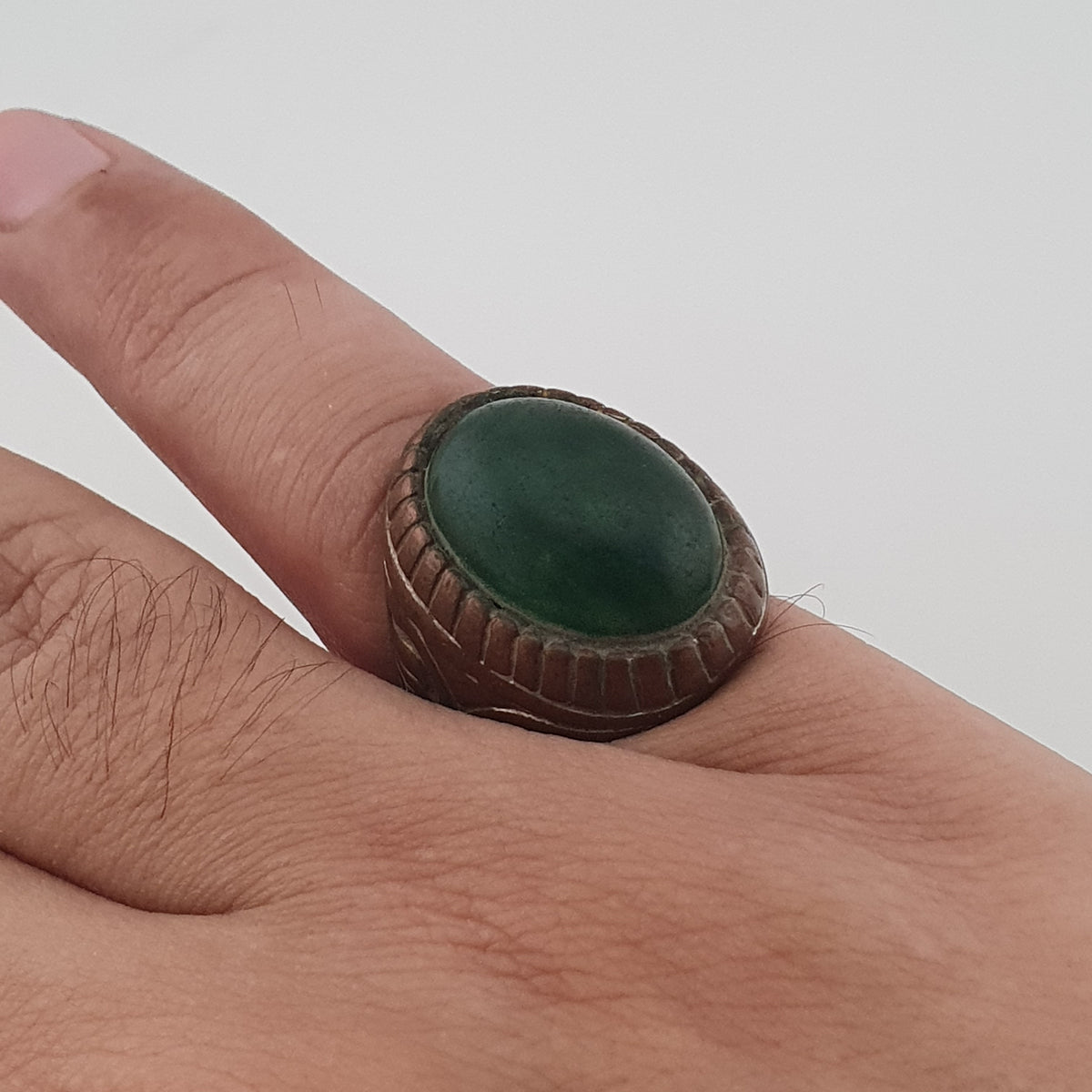 Ancient Rustic Brass Ring with Antique Jade Stone