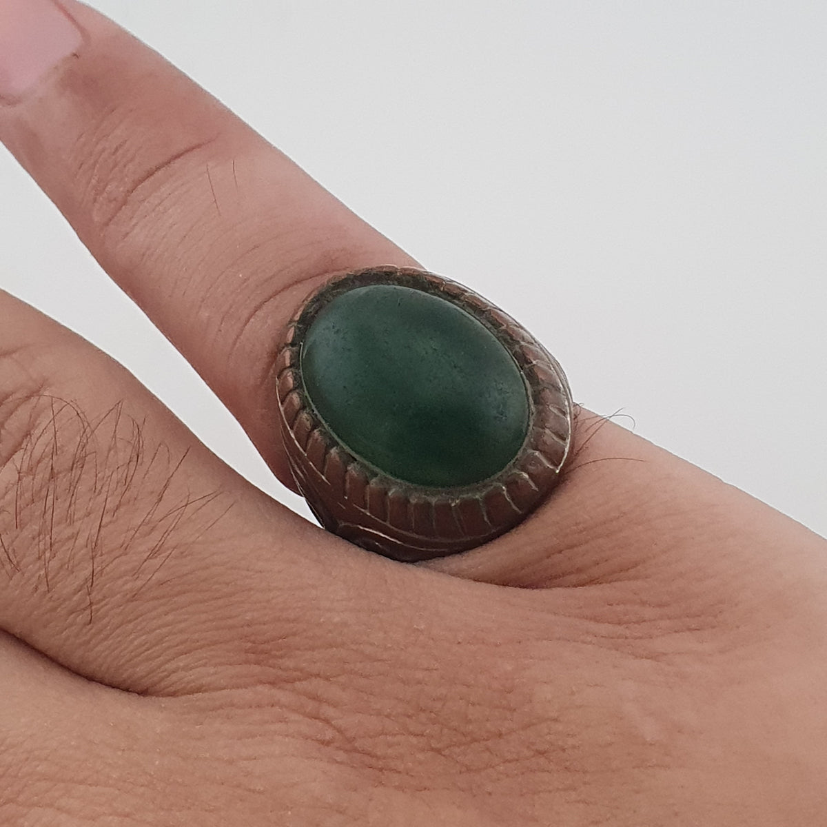 Ancient Rustic Brass Ring with Antique Jade Stone