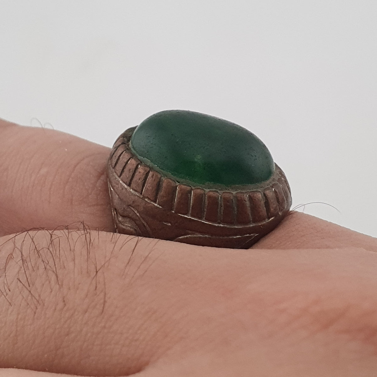 Ancient Rustic Brass Ring with Antique Jade Stone