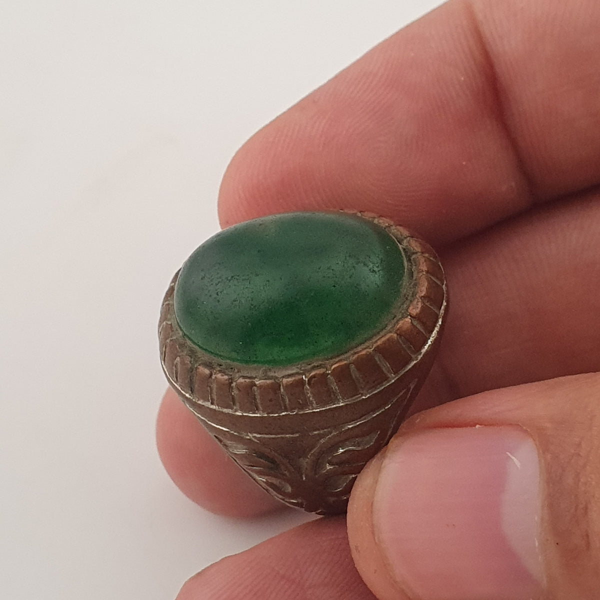 Ancient Rustic Brass Ring with Antique Jade Stone