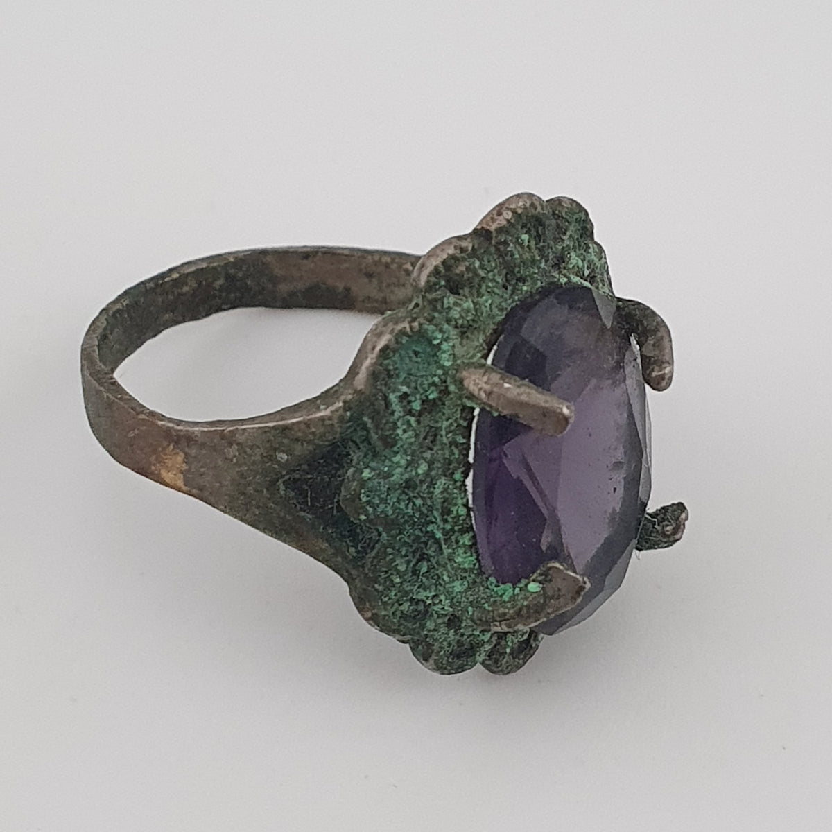 Rustic Ancient Brass Ring with Purple Amethyst