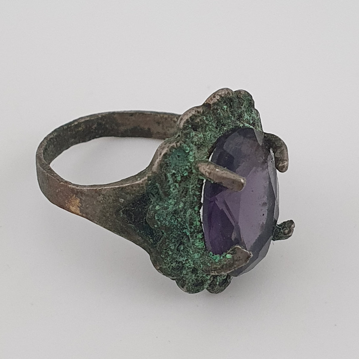 Rustic Ancient Brass Ring with Purple Amethyst