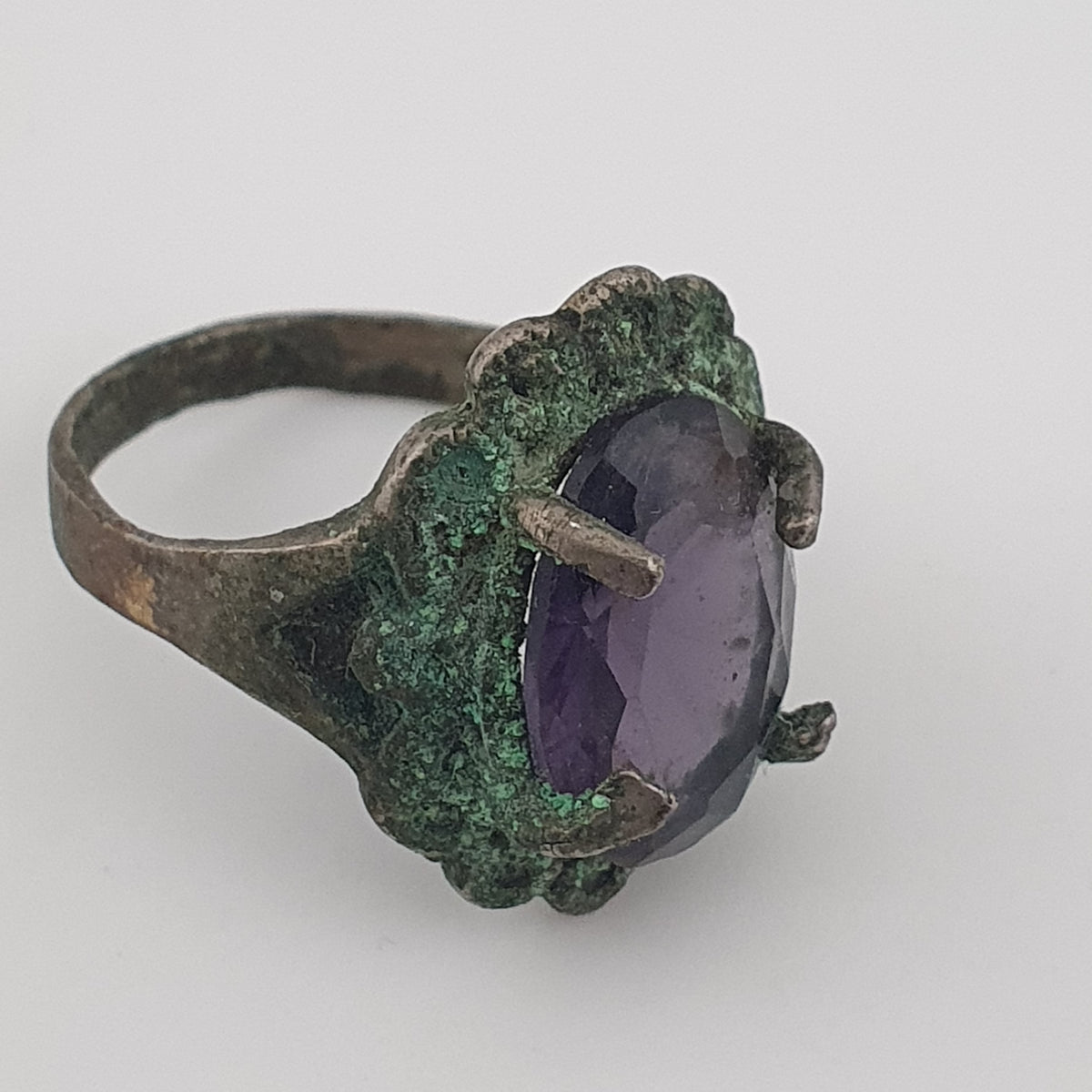 Rustic Ancient Brass Ring with Purple Amethyst
