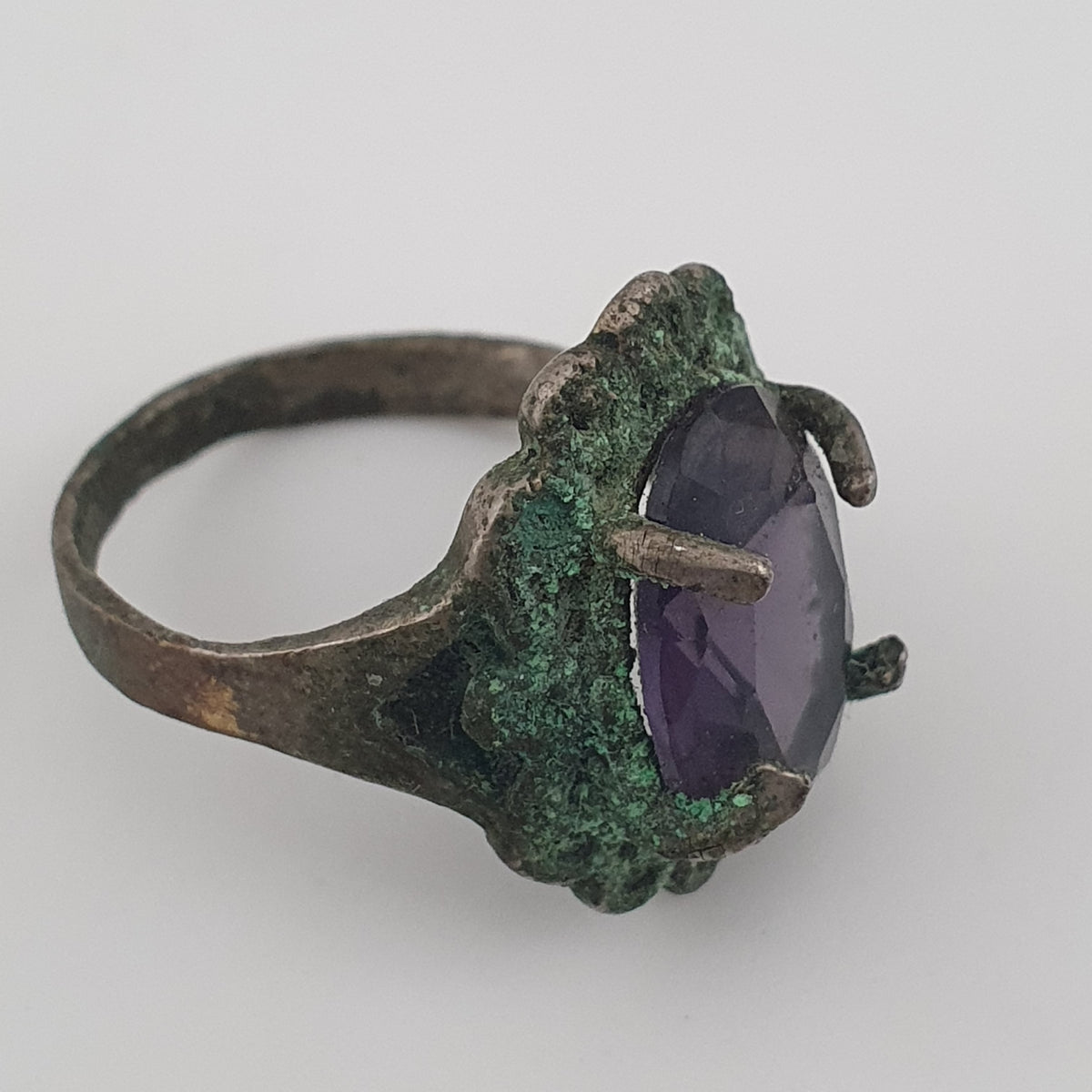 Rustic Ancient Brass Ring with Purple Amethyst