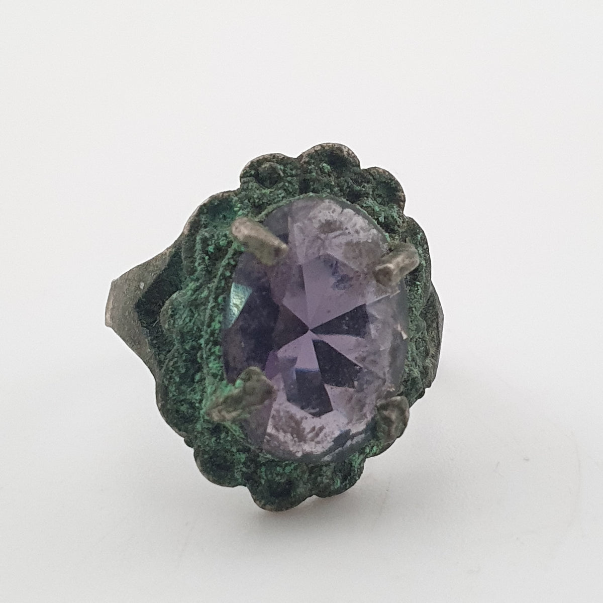 Rustic Ancient Brass Ring with Purple Amethyst