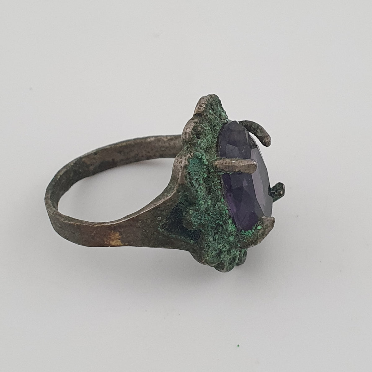 Rustic Ancient Brass Ring with Purple Amethyst
