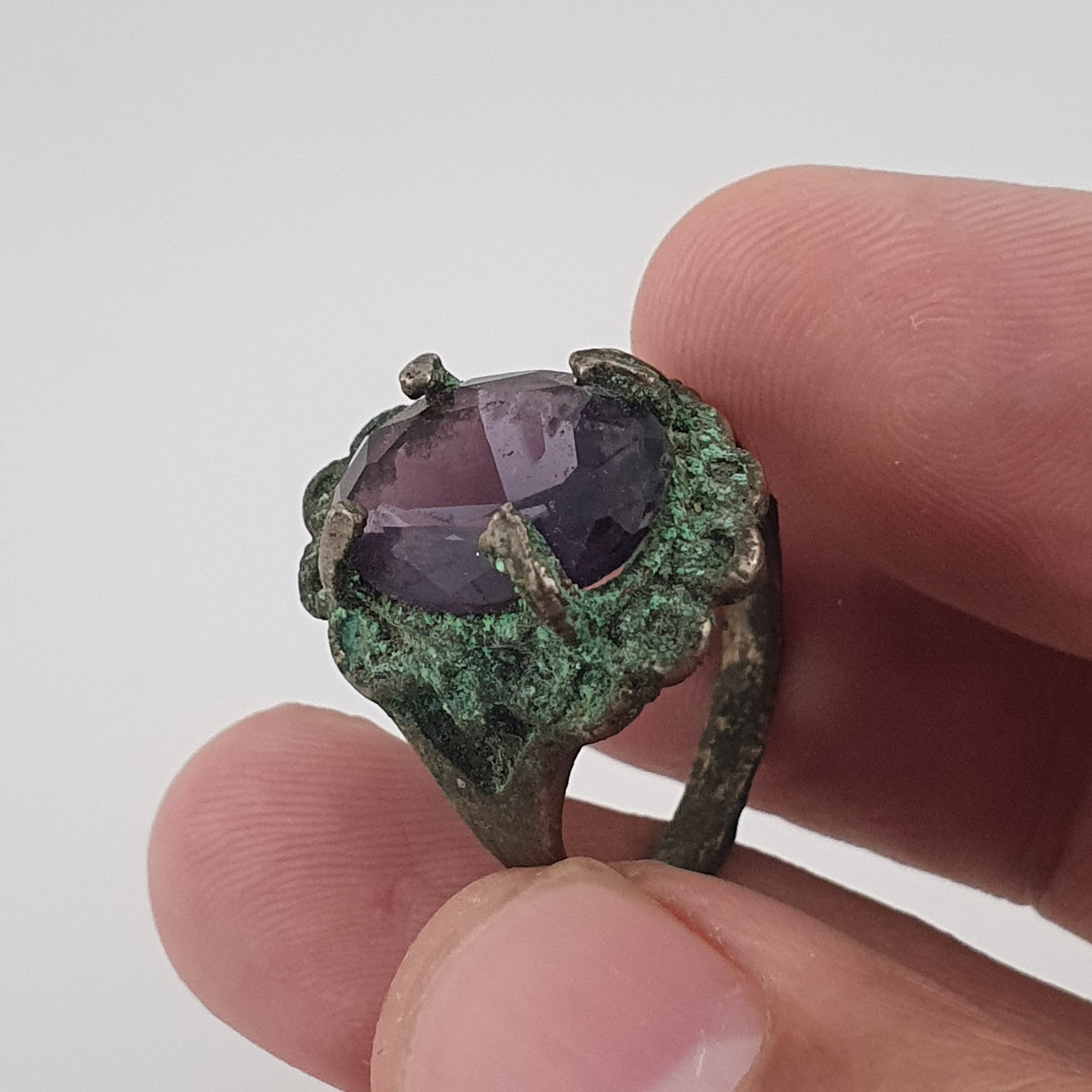 Rustic Ancient Brass Ring with Purple Amethyst
