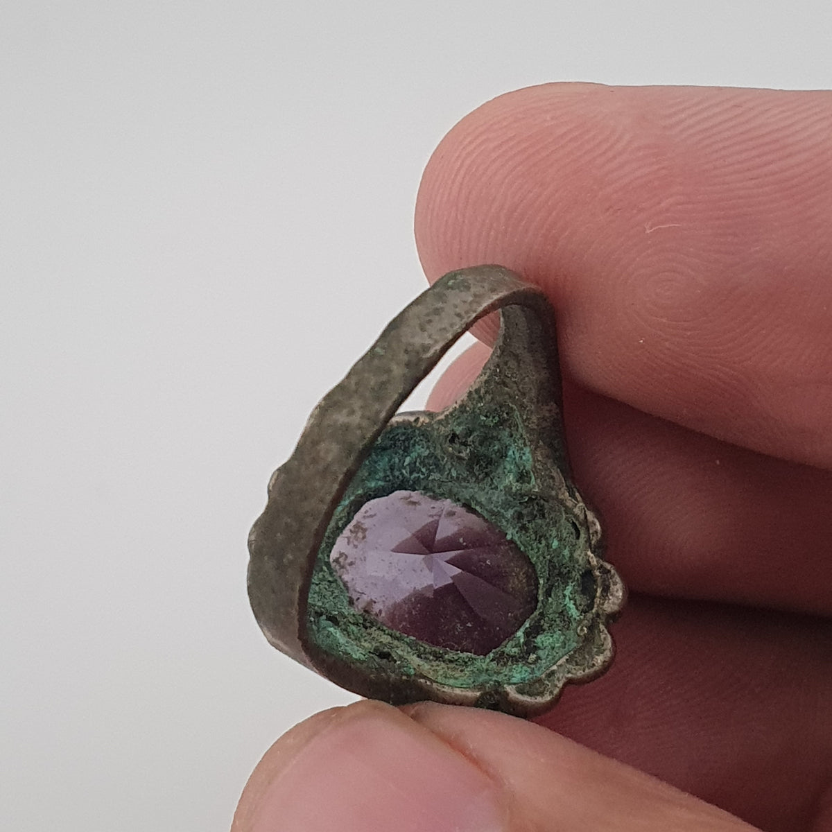Rustic Ancient Brass Ring with Purple Amethyst