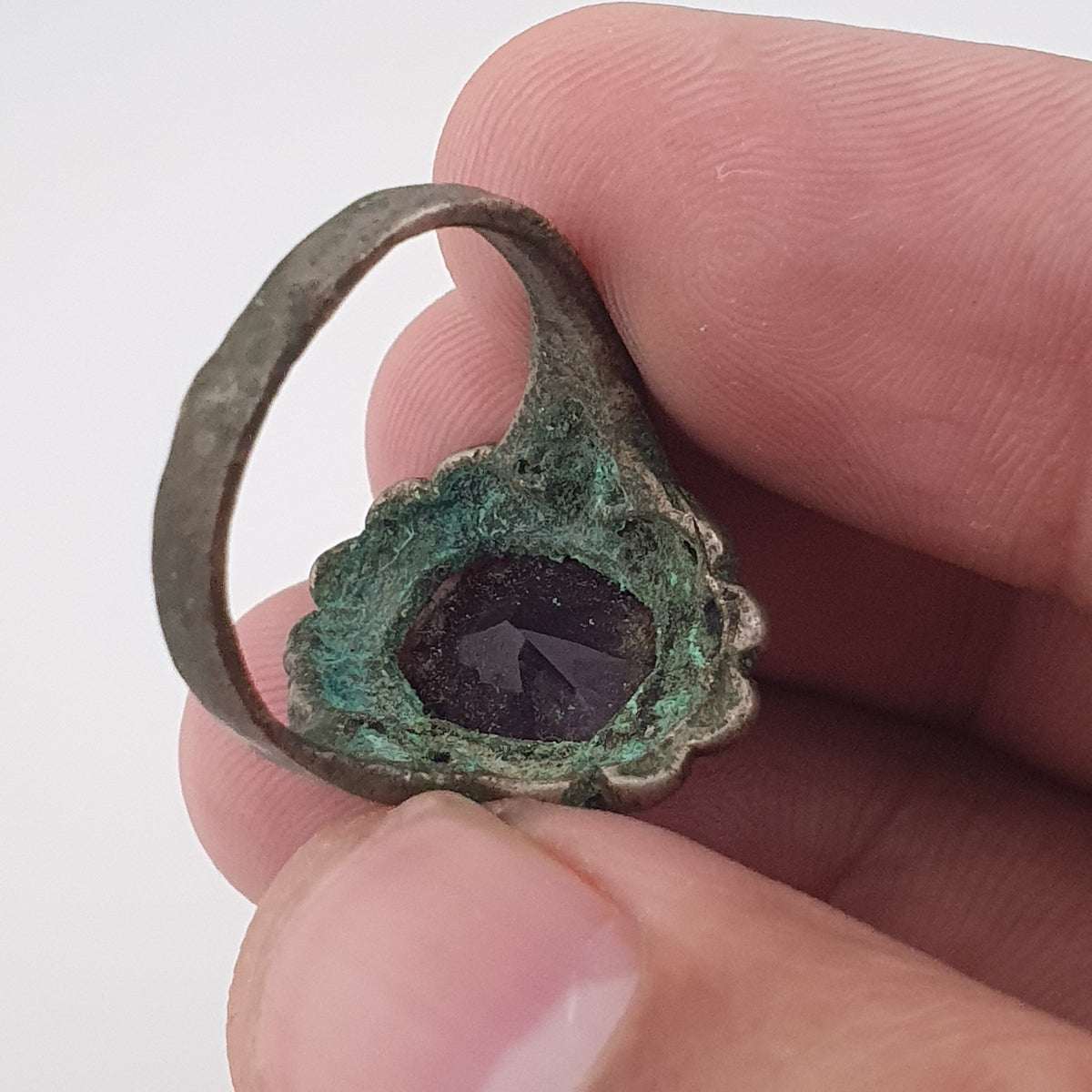 Rustic Ancient Brass Ring with Purple Amethyst