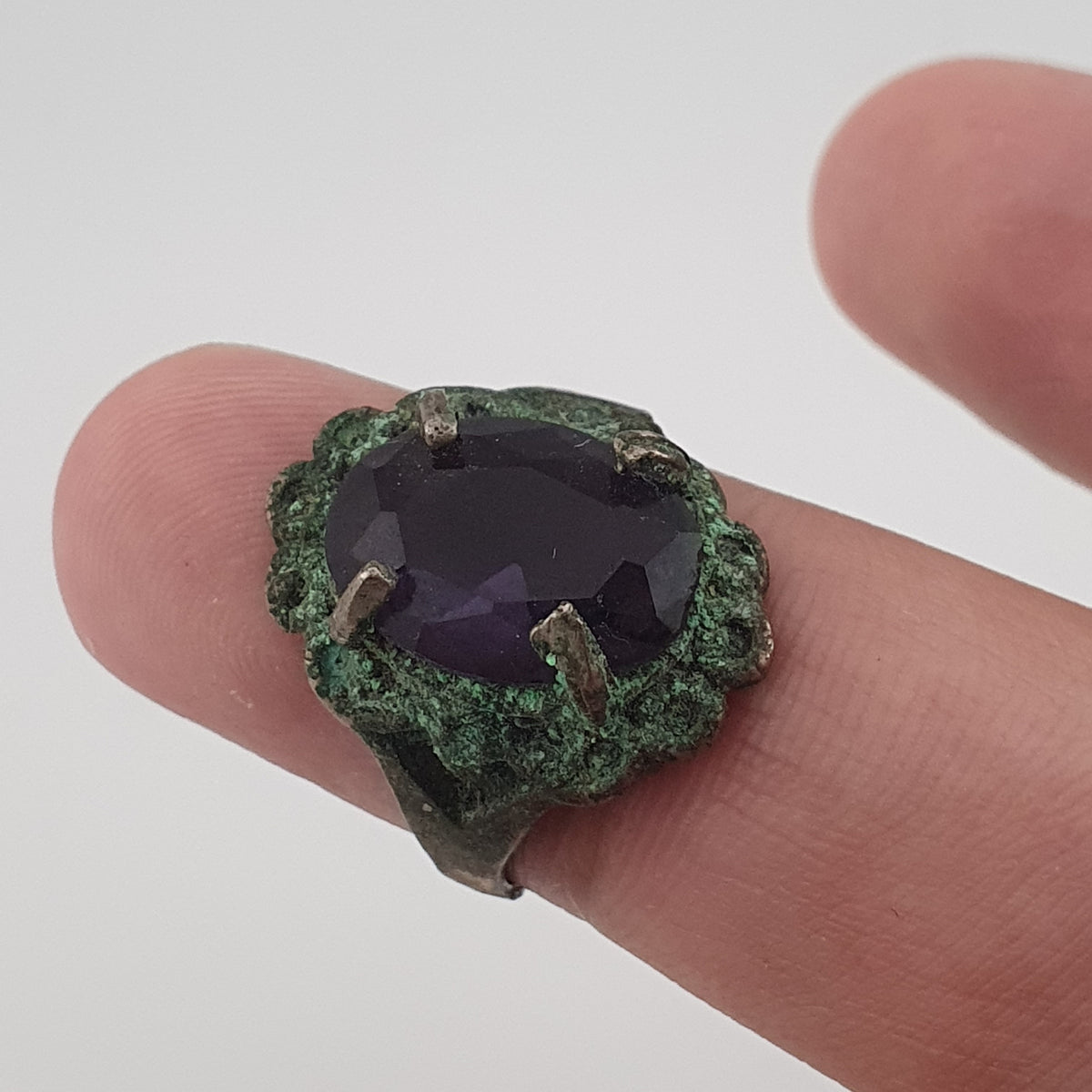 Rustic Ancient Brass Ring with Purple Amethyst