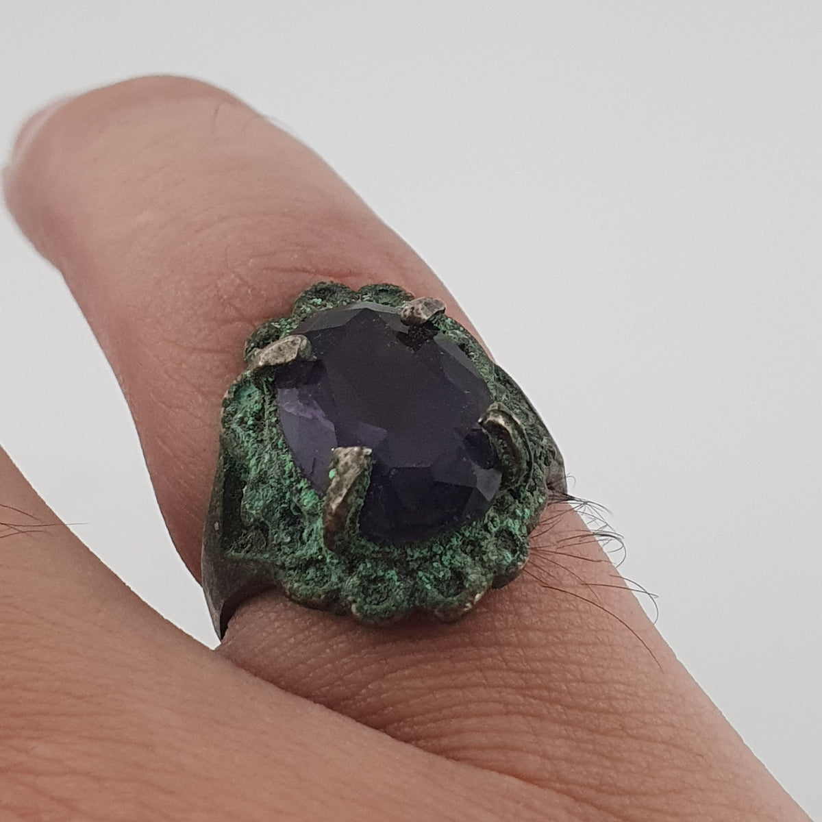 Rustic Ancient Brass Ring with Purple Amethyst