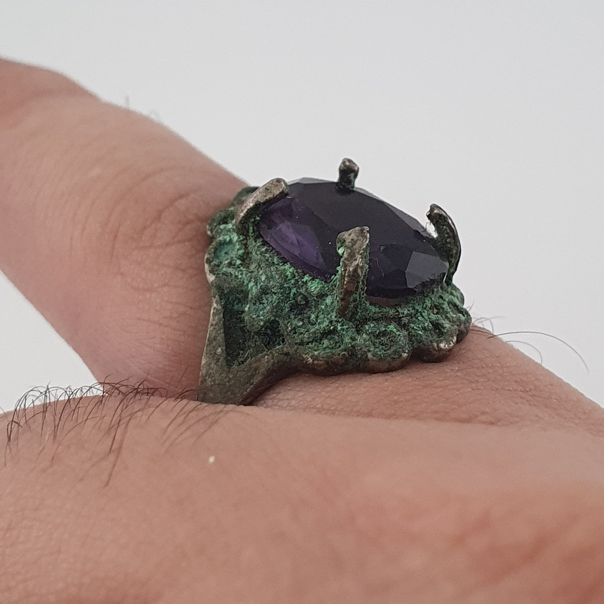 Rustic Ancient Brass Ring with Purple Amethyst