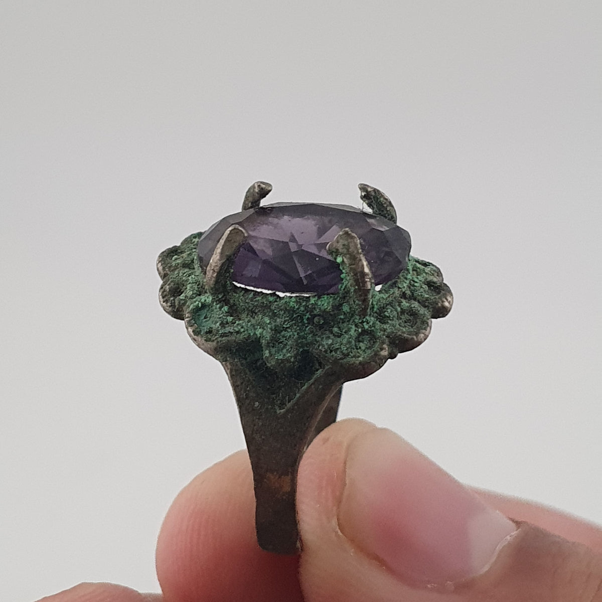 Rustic Ancient Brass Ring with Purple Amethyst