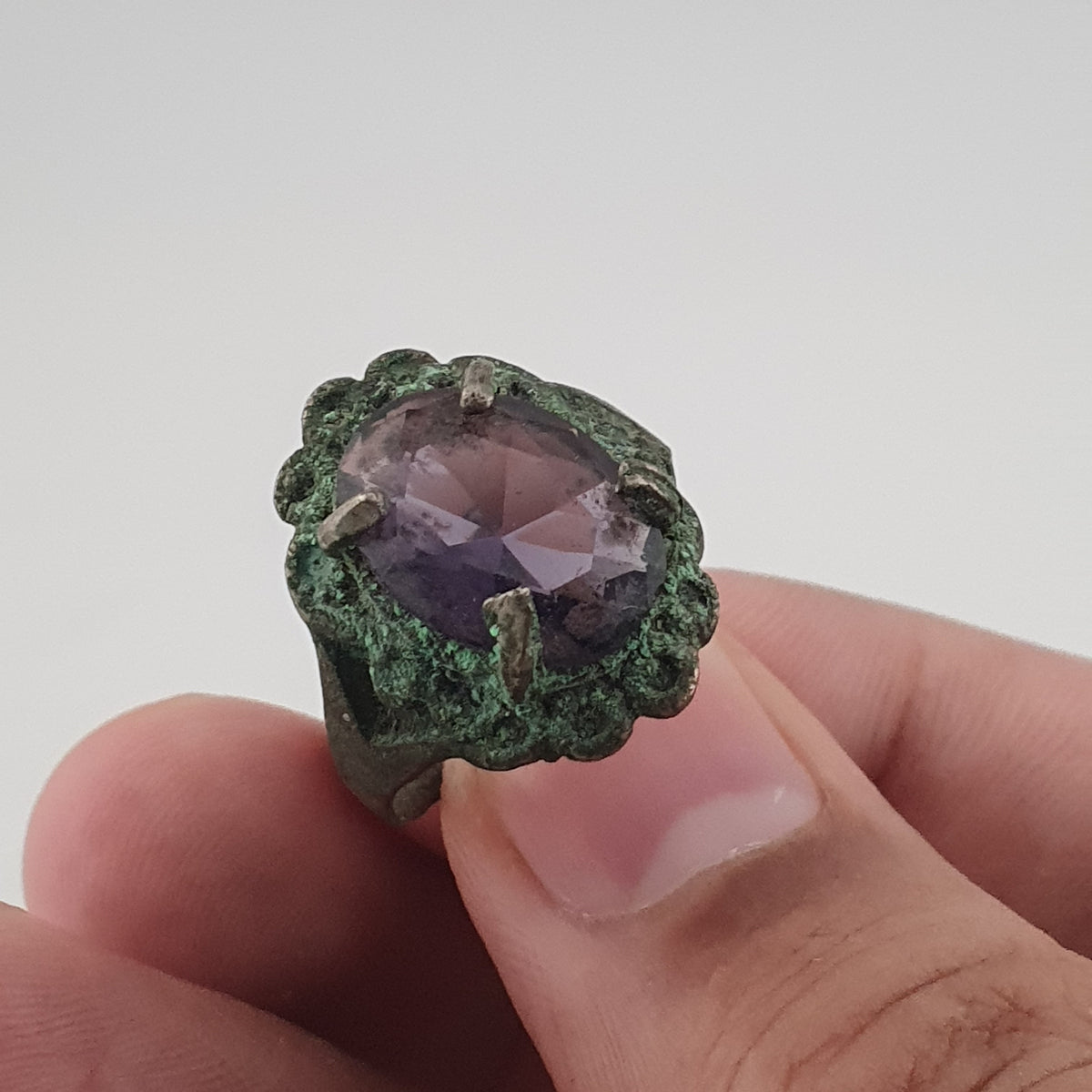 Rustic Ancient Brass Ring with Purple Amethyst