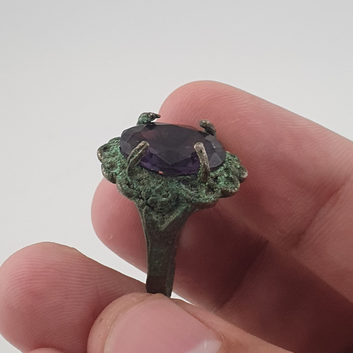 Rustic Ancient Brass Ring with Purple Amethyst