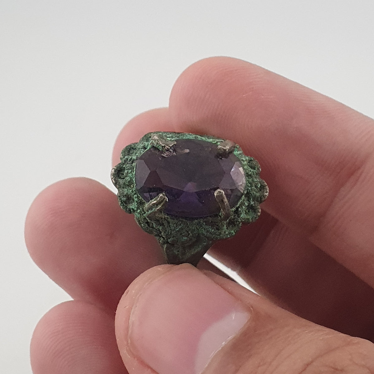 Rustic Ancient Brass Ring with Purple Amethyst