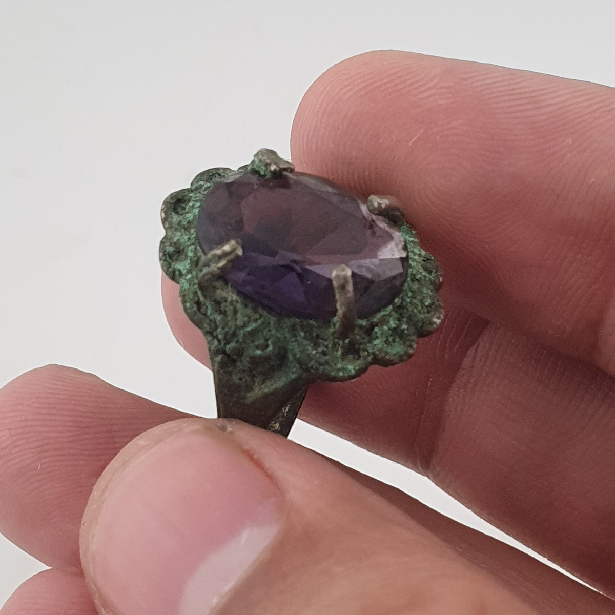 Rustic Ancient Brass Ring with Purple Amethyst