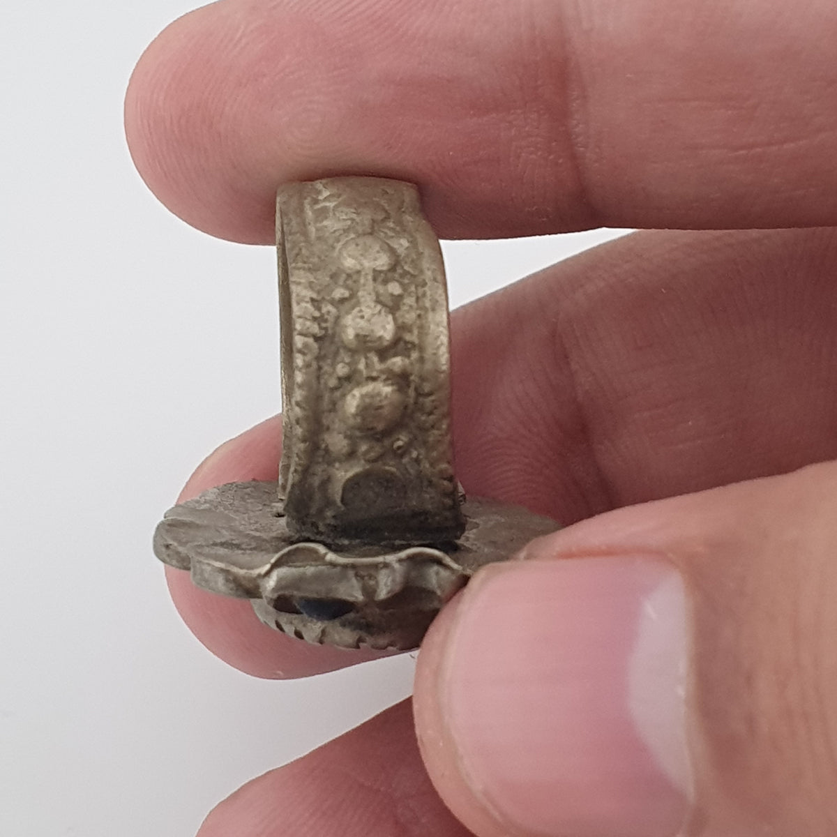 Ancient Floral Design Brass Ring with Cubic Zirconia
