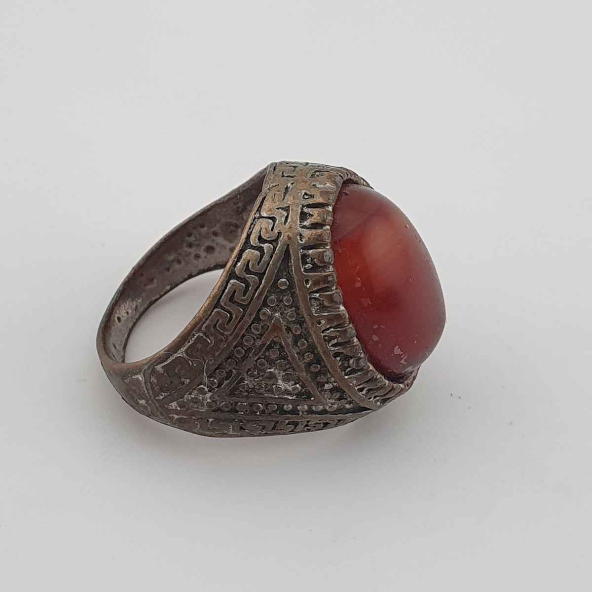 Ancient Handmade Brass Ring with Natural Agate Gemstone