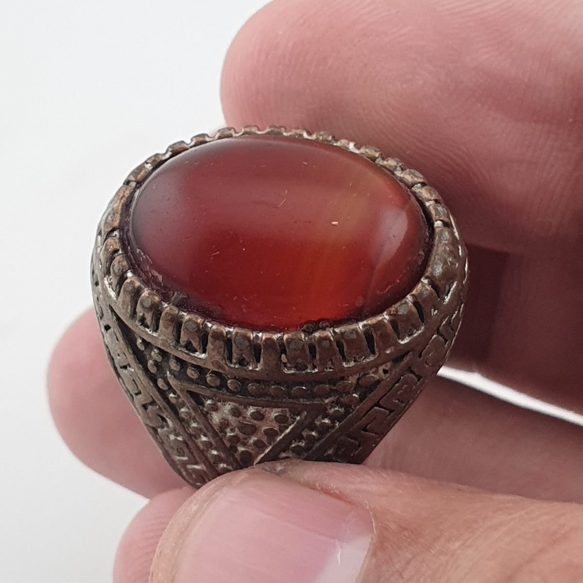 Ancient Handmade Brass Ring with Natural Agate Gemstone