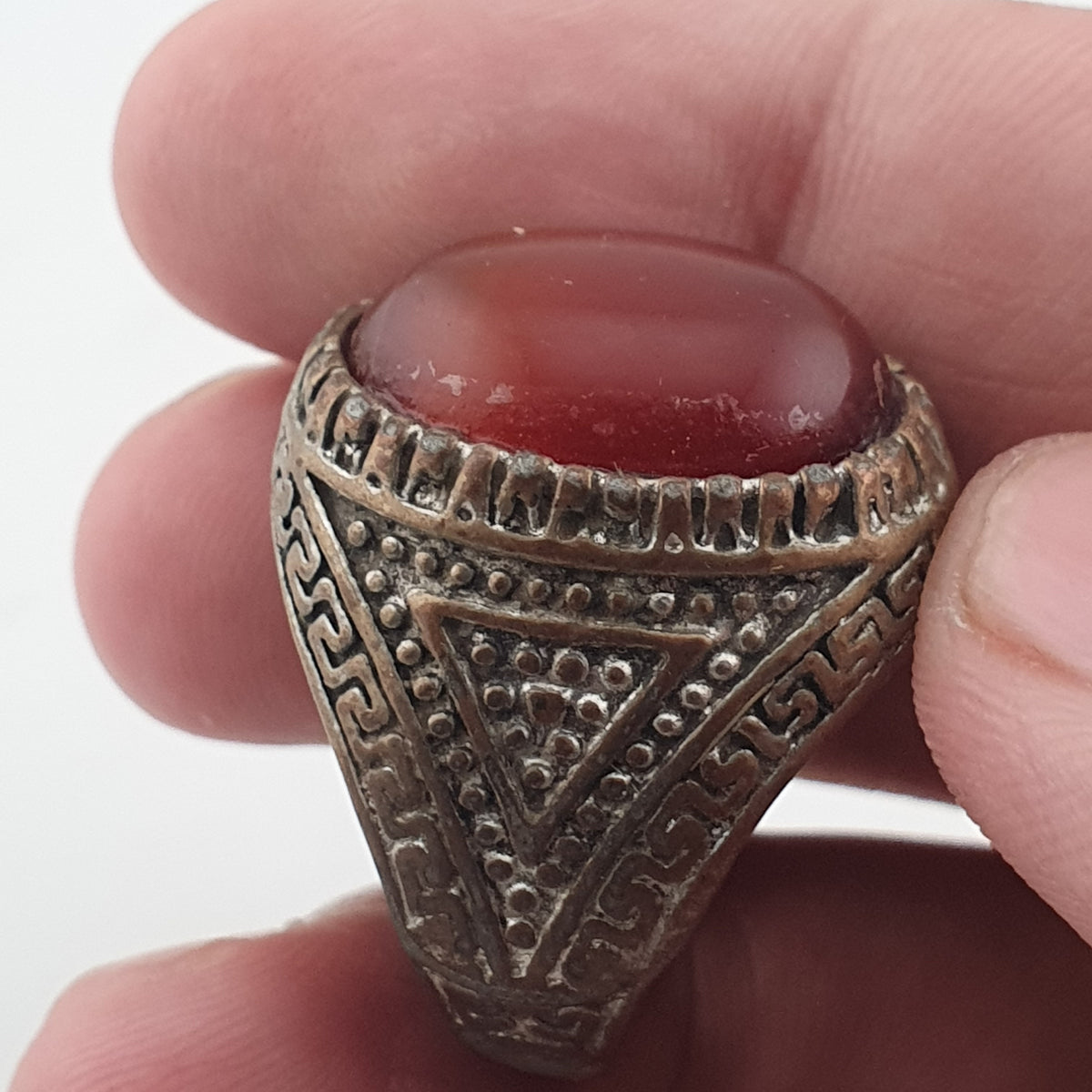 Ancient Handmade Brass Ring with Natural Agate Gemstone