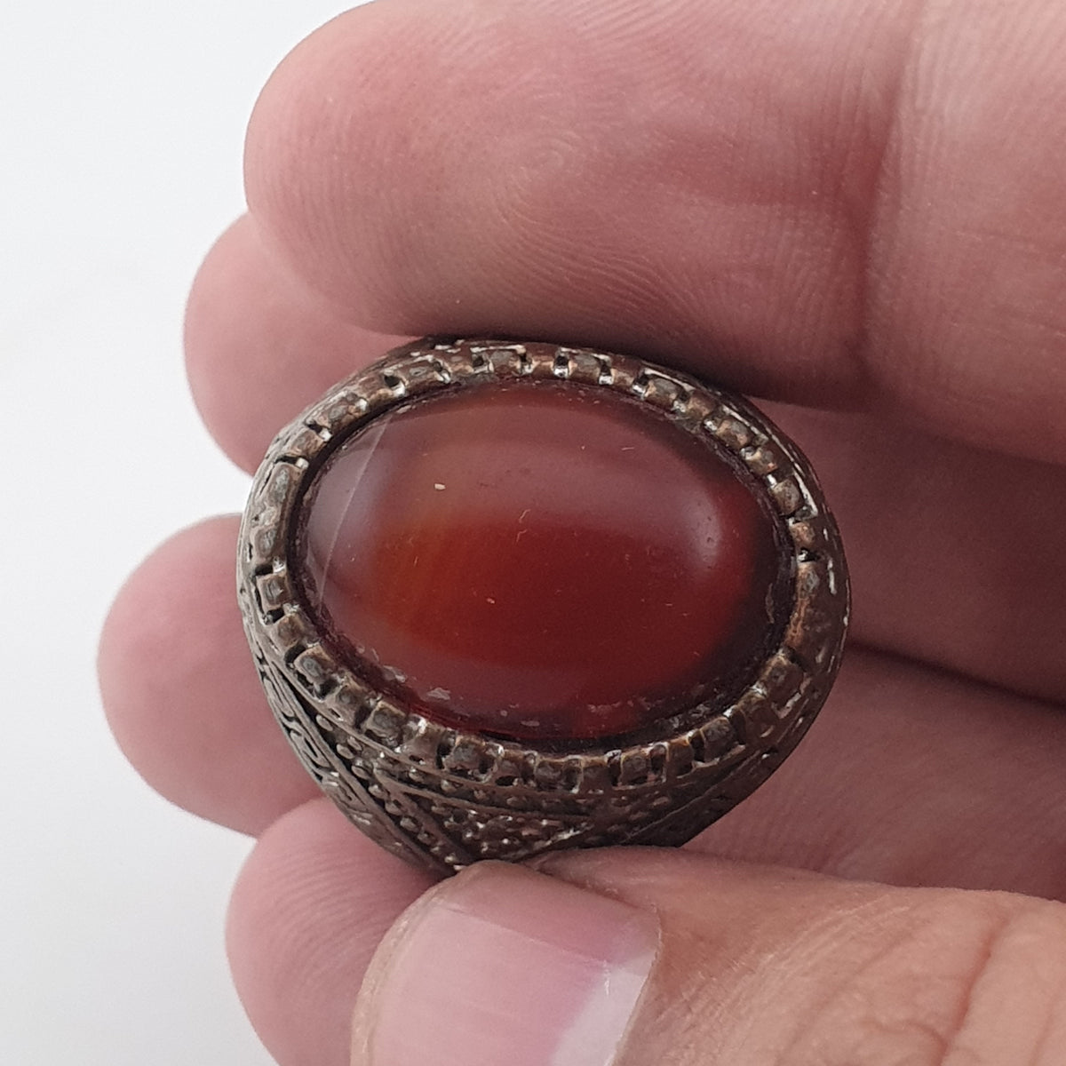 Ancient Handmade Brass Ring with Natural Agate Gemstone