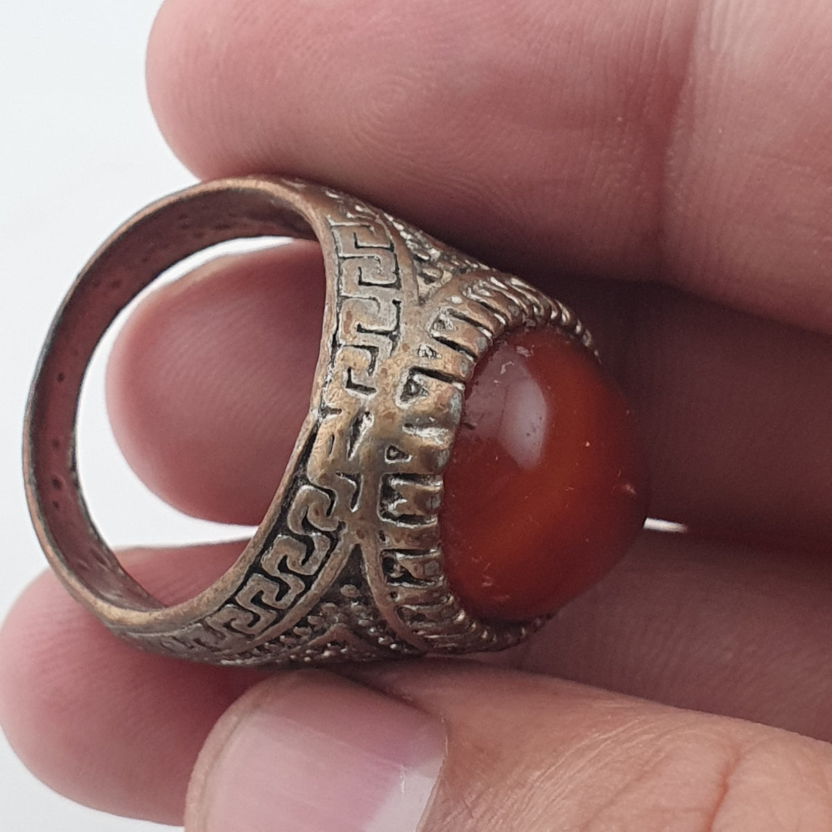 Ancient Handmade Brass Ring with Natural Agate Gemstone