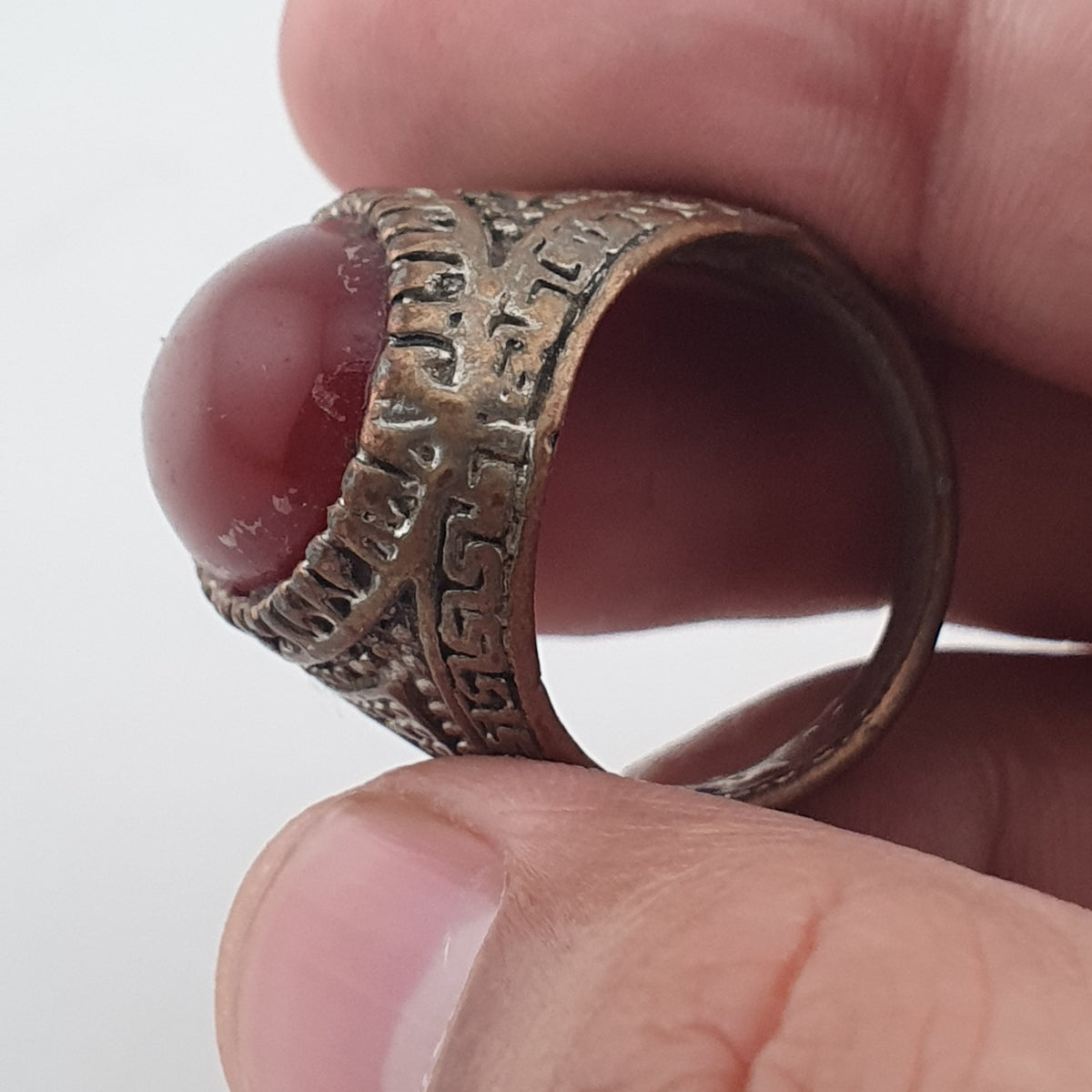 Ancient Handmade Brass Ring with Natural Agate Gemstone