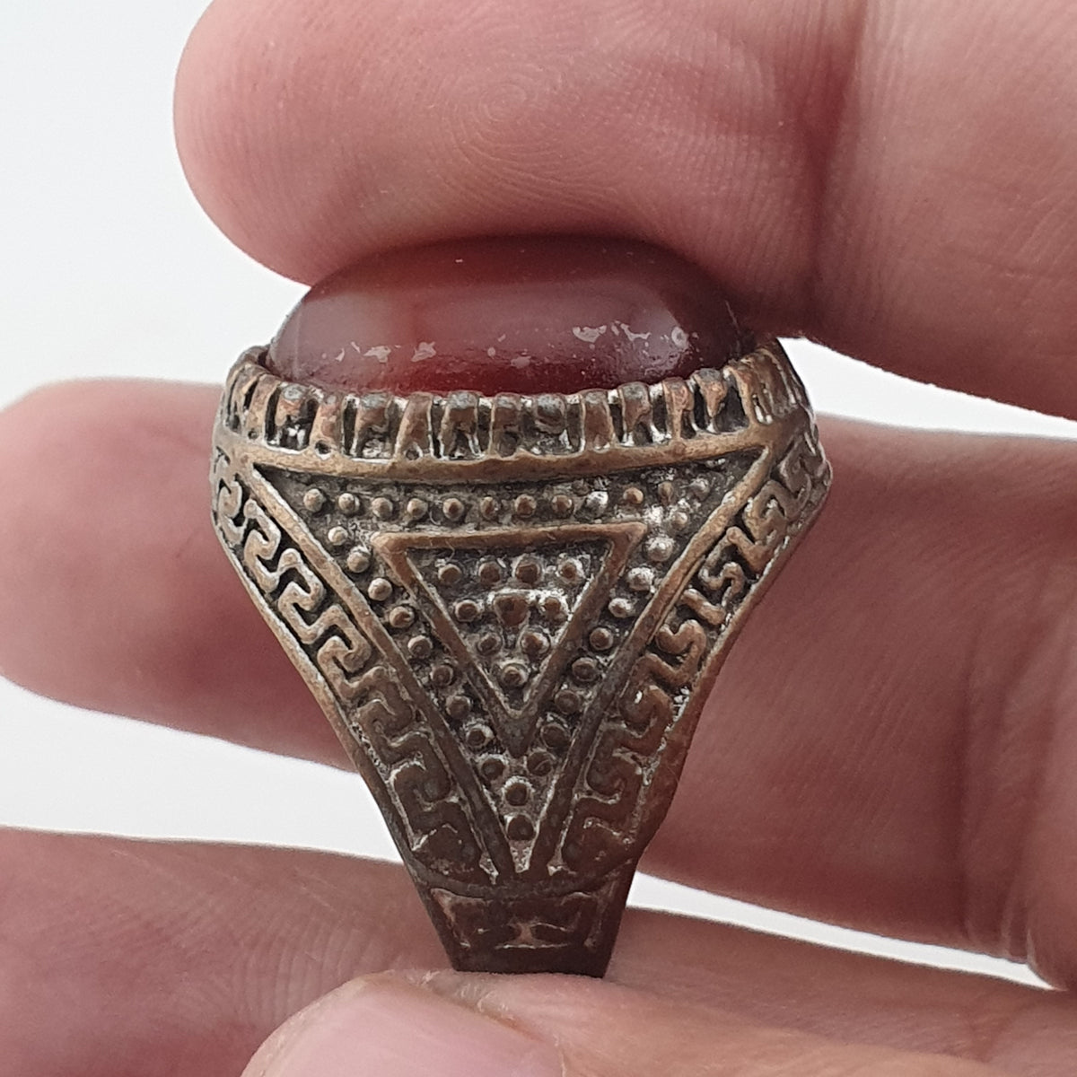 Ancient Handmade Brass Ring with Natural Agate Gemstone
