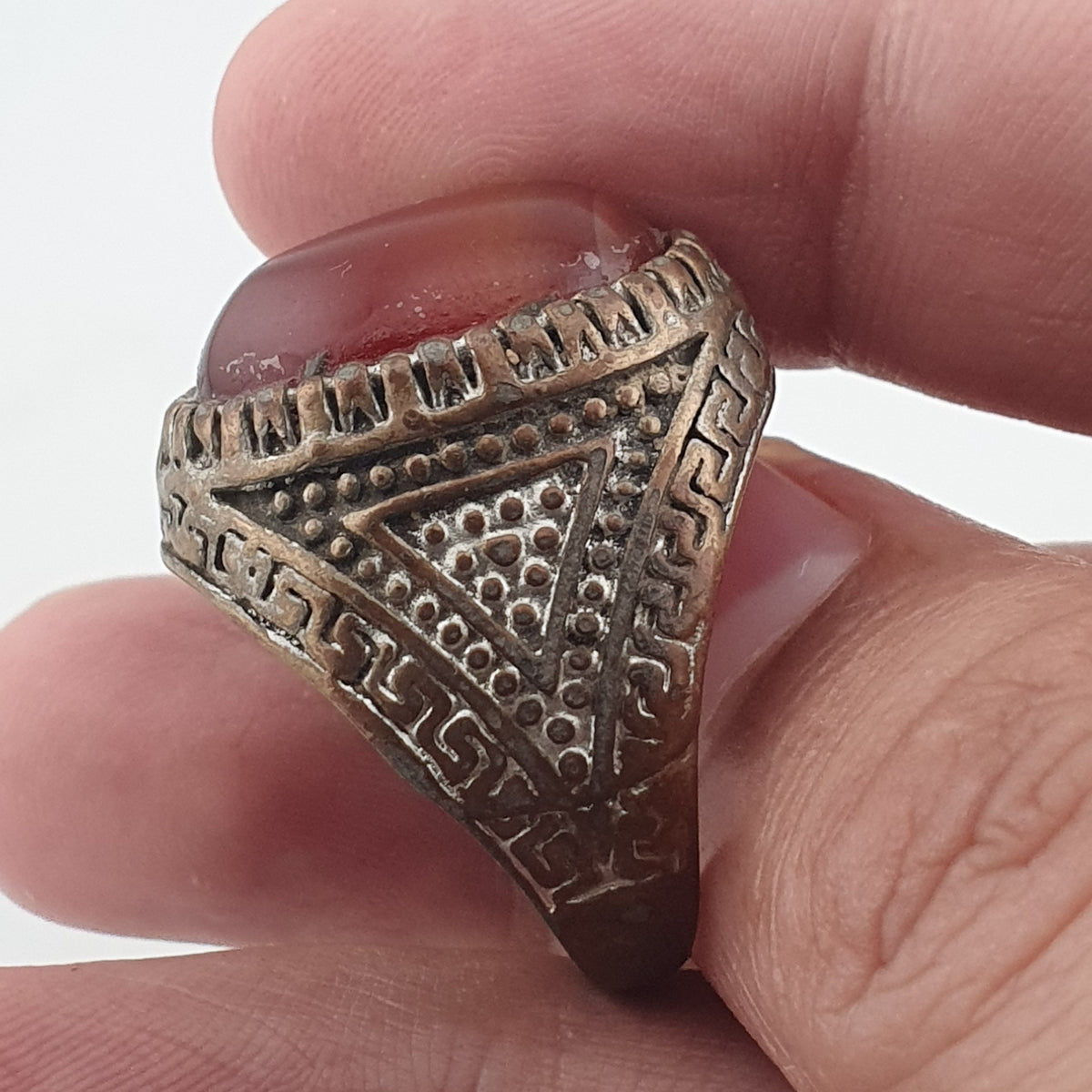 Ancient Handmade Brass Ring with Natural Agate Gemstone