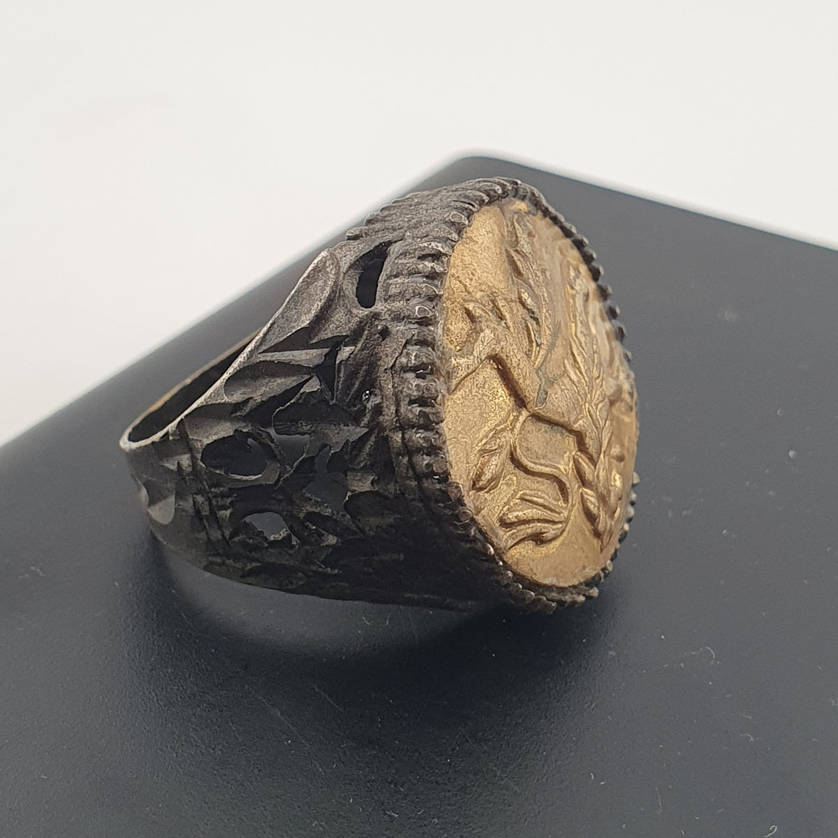 Ancient Brass Ring with Mythical Lion Engraving Rustic Statement Jewellery