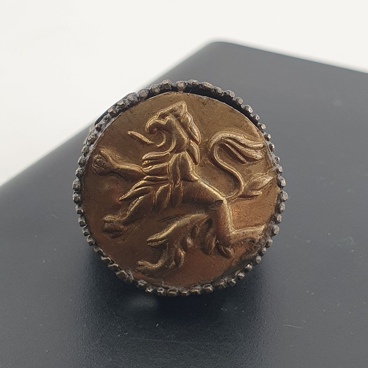 Ancient Brass Ring with Mythical Lion Engraving Rustic Statement Jewellery