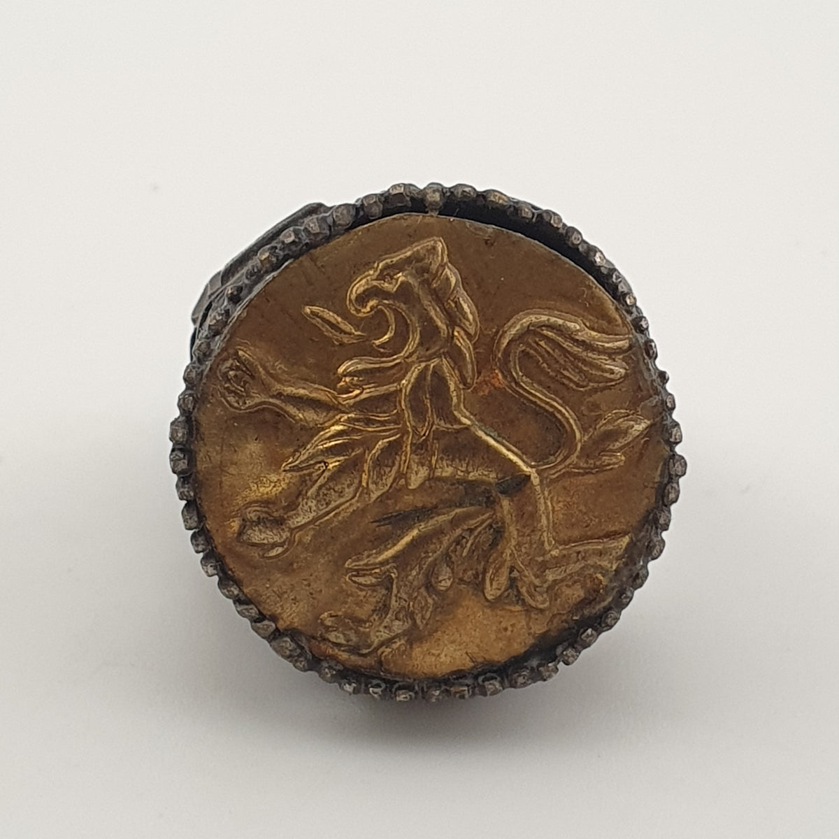 Ancient Brass Ring with Mythical Lion Engraving Rustic Statement Jewellery