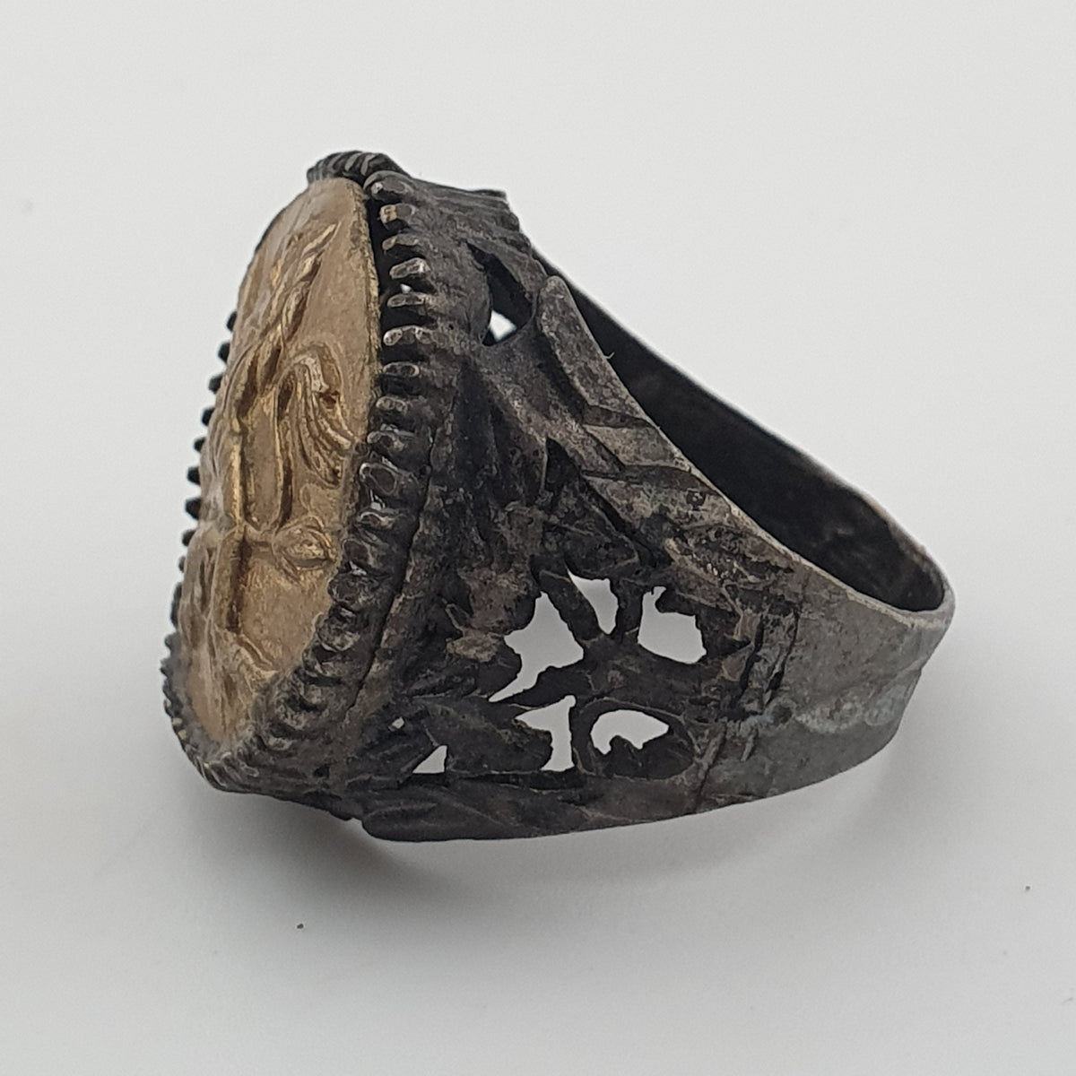 Ancient Brass Ring with Mythical Lion Engraving Rustic Statement Jewellery