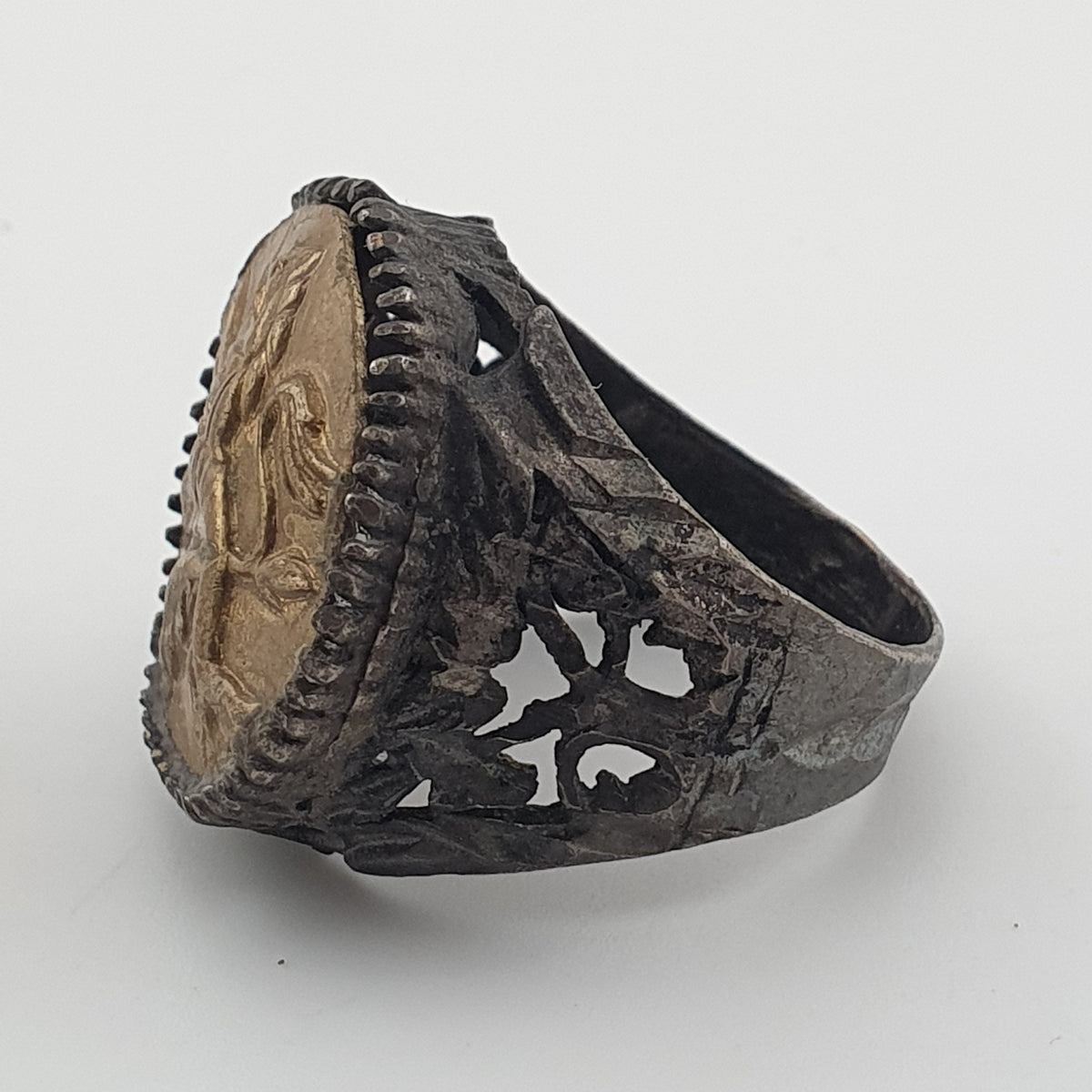 Ancient Brass Ring with Mythical Lion Engraving Rustic Statement Jewellery